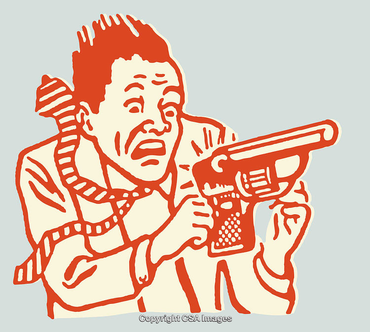 Retro Style Illustration of a Shocked Man Holding a Gun with Uneven Tie