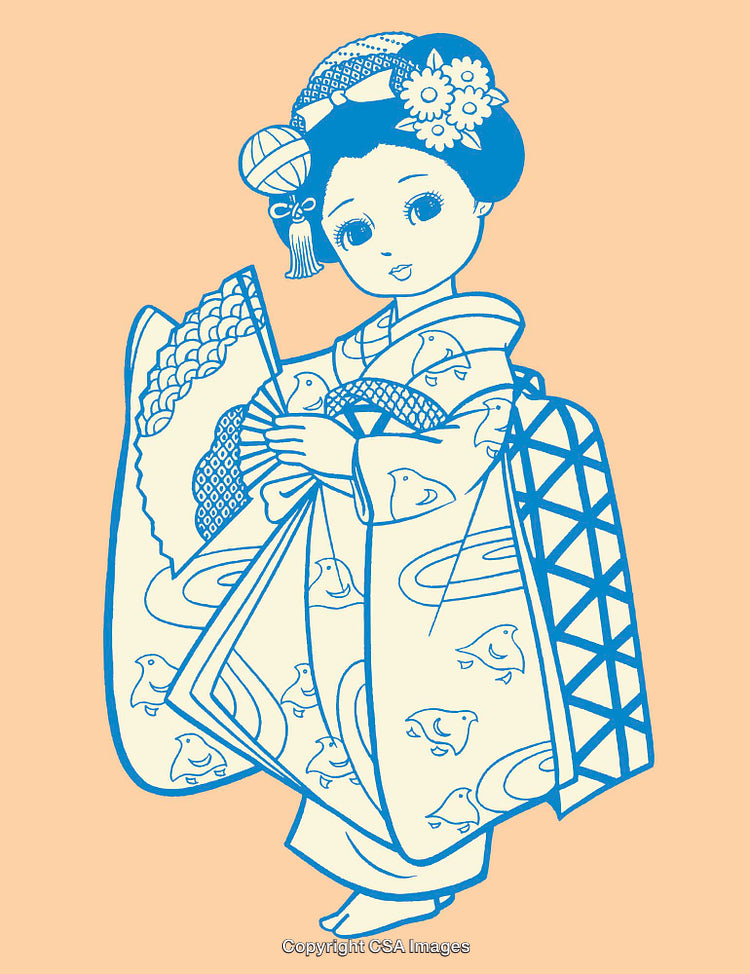 Elegant Line Art Illustration of a Girl in Traditional Japanese Kimono Attire