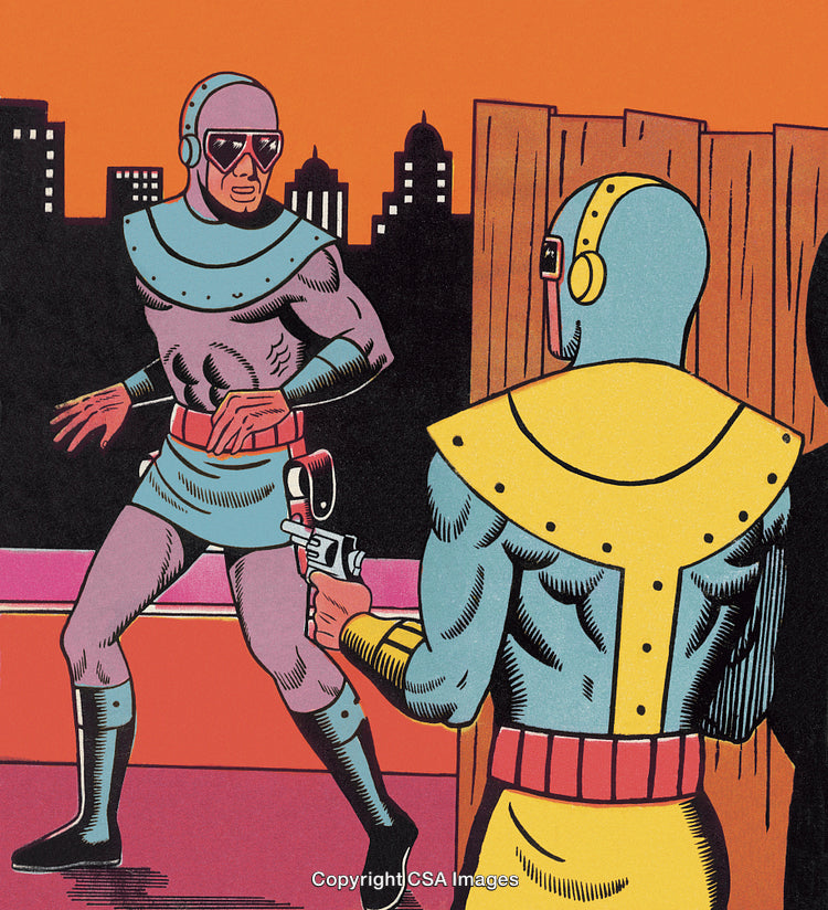 Retro Comic Scene Featuring Futuristic Characters in Dramatic Suspenseful Setting