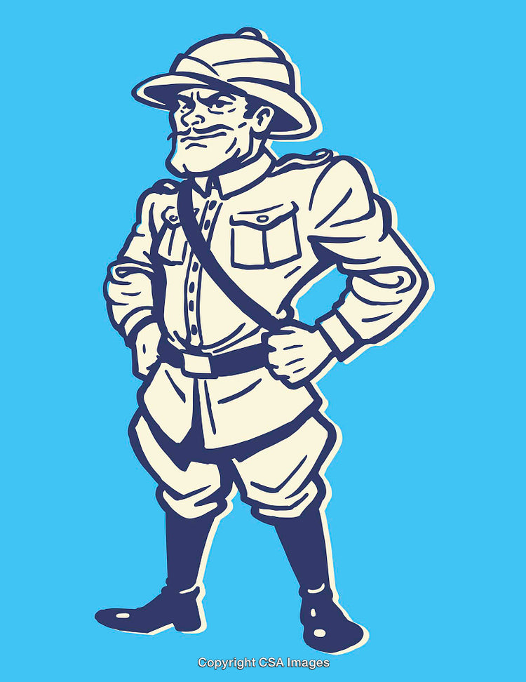 Illustration of a Confident Soldier Explorer in Vintage Attire on Blue Background