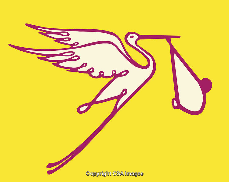 Illustration of Stork Carrying Baby Bundle on Bright Yellow Background