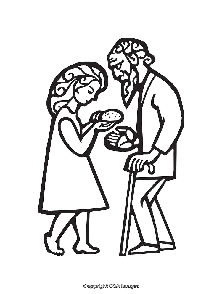 Black and White Line Art of a Girl Sharing Bread