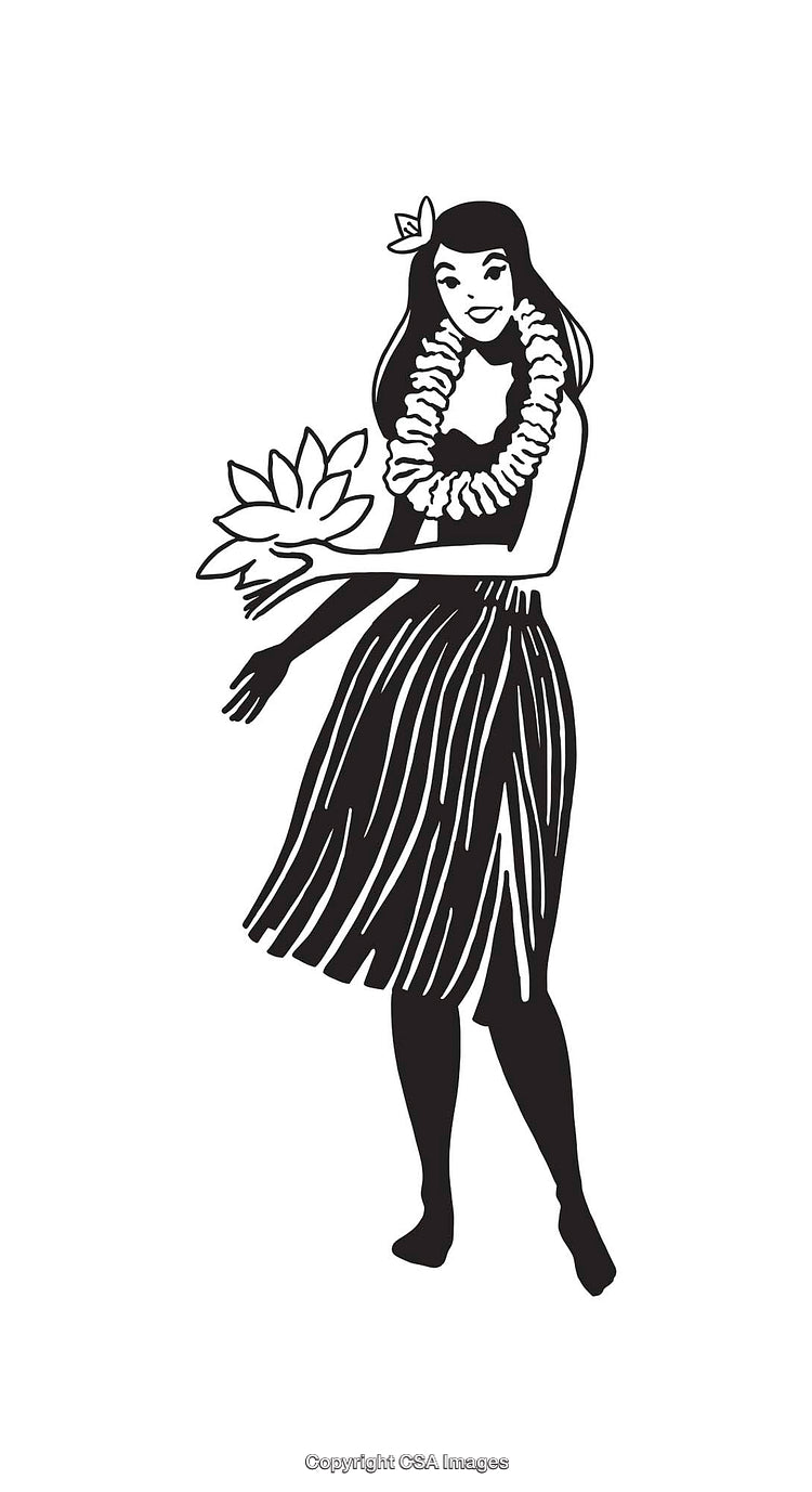 Black And White Illustration of a Hula Dancer in Traditional Attire