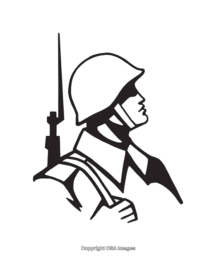 Black and White Line Art of Soldier in Profile with Helmet and Weapon