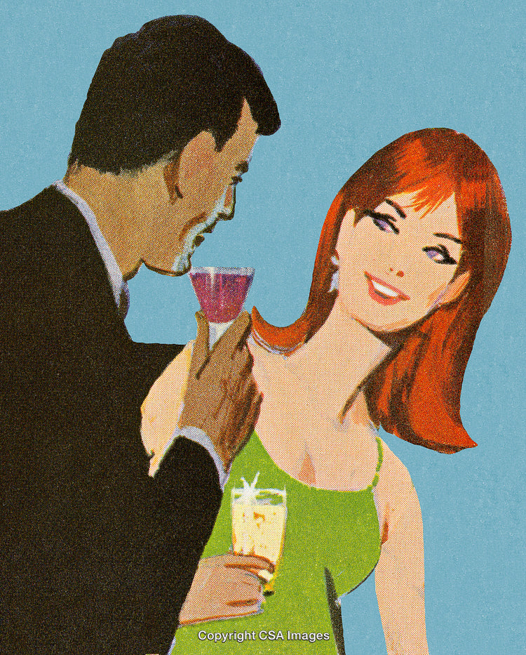 Retro Illustration of a Couple Enjoying Drinks at a Social Gathering