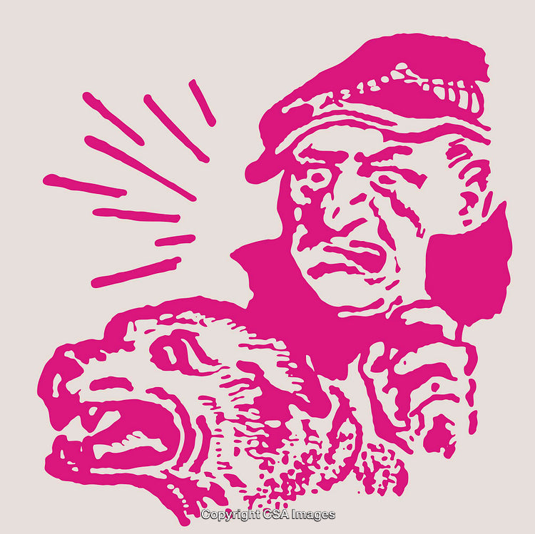 Bold Pink Line Art Illustration of Man and Ferocious Animal