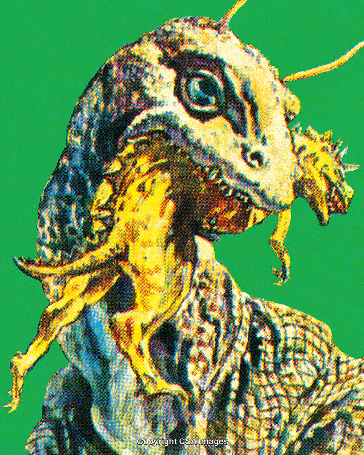 Carnivorous Dinosaur Devouring Prey Against a Vibrant Green Background