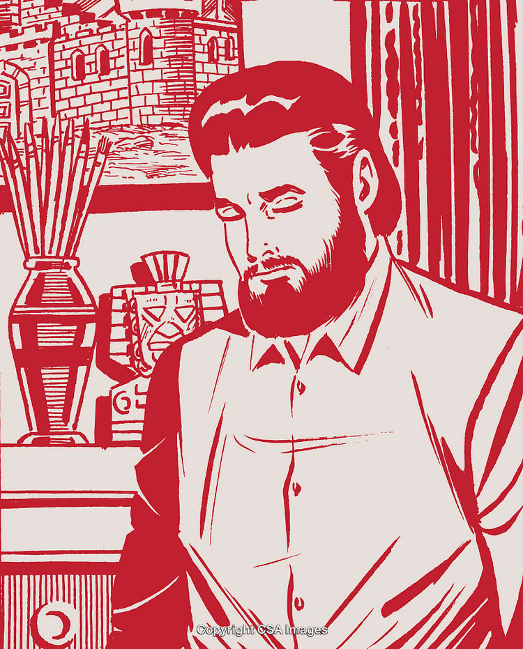 Red Illustration of a Thoughtful Man in a Decorative Room Setting