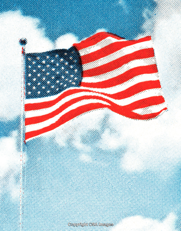 Illustrated American Flag Waving Against a Partly Cloudy Sky