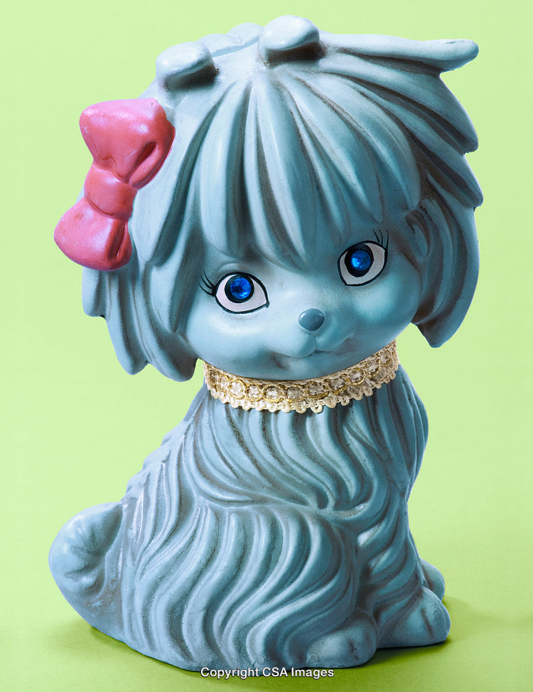 Charming Blue Dog Figurine With Pink Bow and Jewel Collar