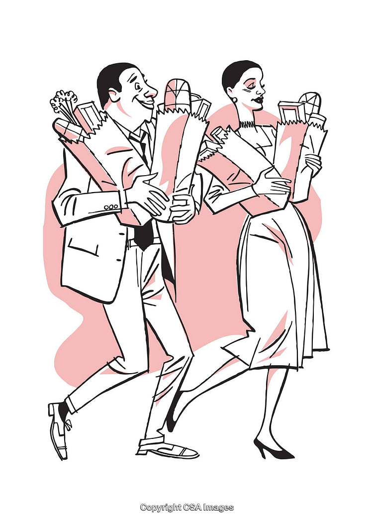 Retro Illustration of Stylish Couple Carrying Groceries with Joyful Expressions