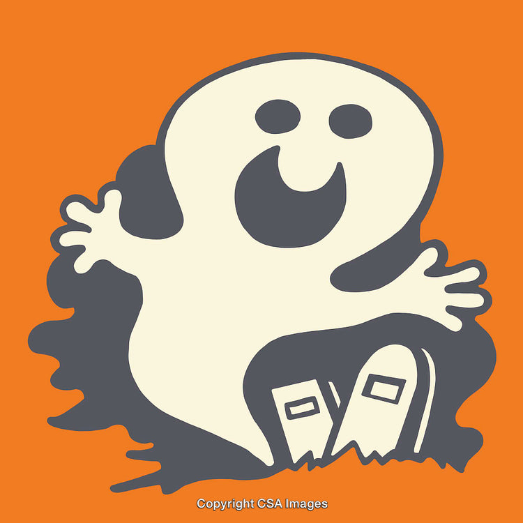 Smiling Ghost With Gravestones Halloween Illustration on Orange Background
