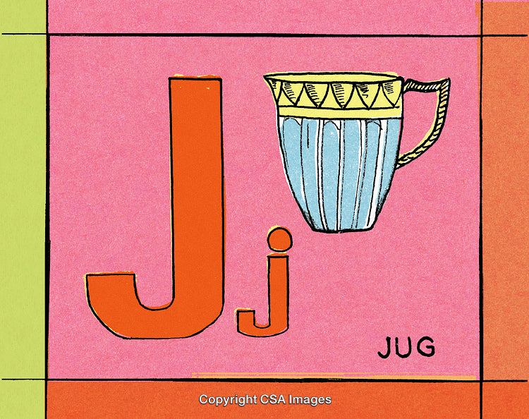 Alphabet Illustration Featuring Letter J with Jug Drawing on Bright Background