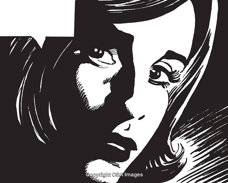 Retro Comic Book Style Illustration of a Woman's Face in Black and White