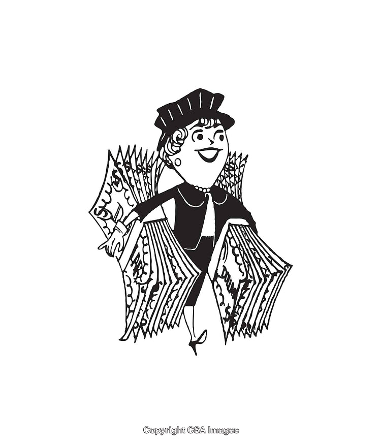 Retro Line Art Illustration of a Woman with Money Spread