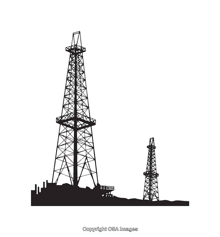 Silhouette Illustration of Oil Drilling Platforms and Equipment in Monochrome Style