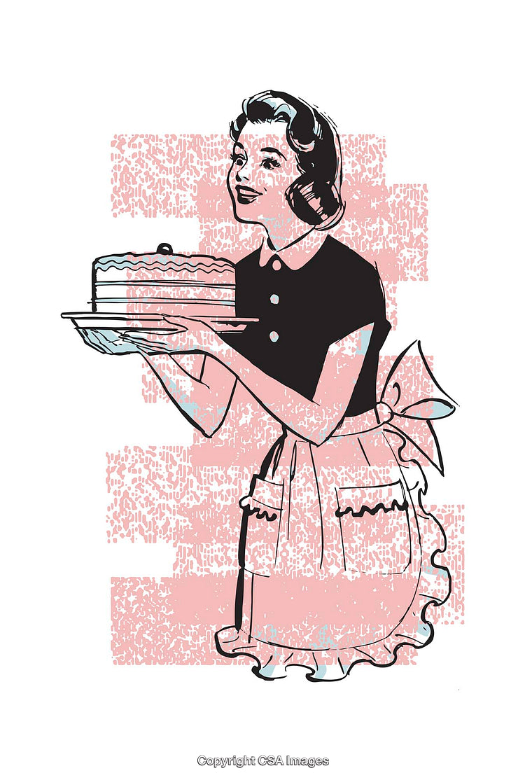 Retro Illustration of Woman Holding a Cake Wearing Apron and Smiling