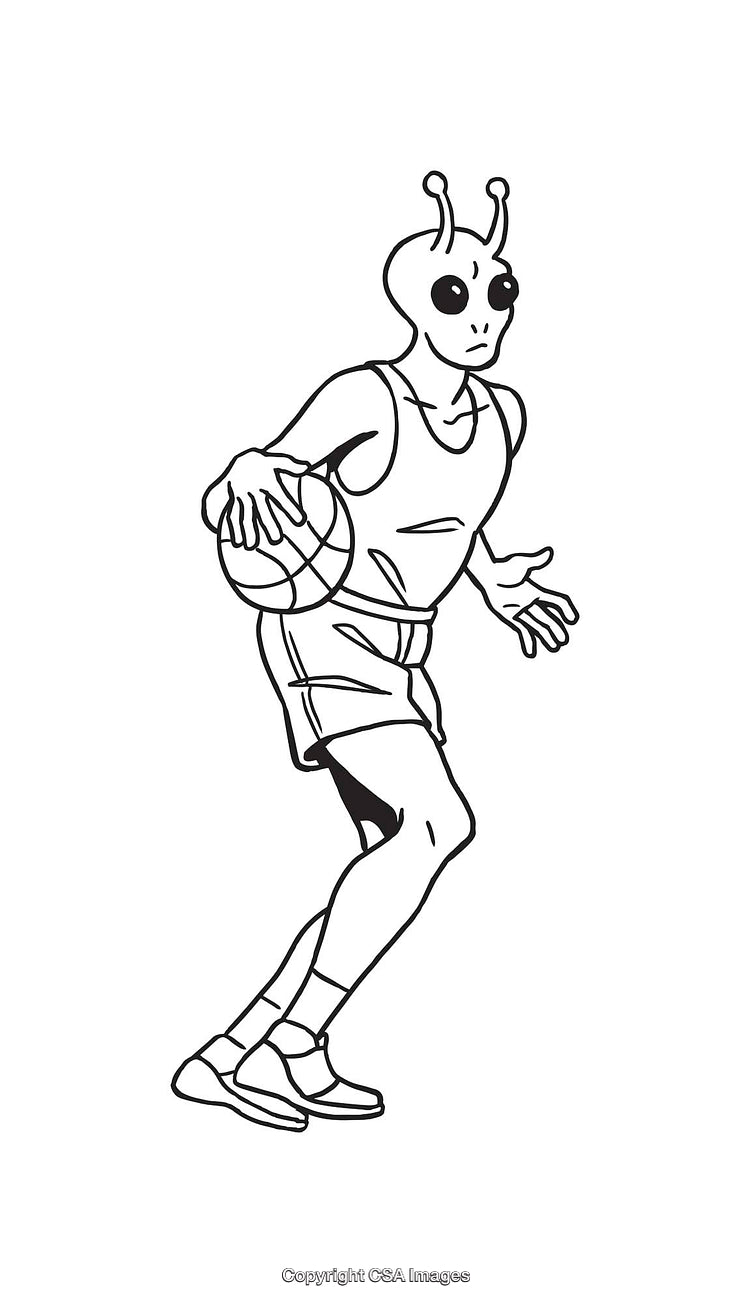 Alien Playing Basketball in Minimalistic Black and White Line Art