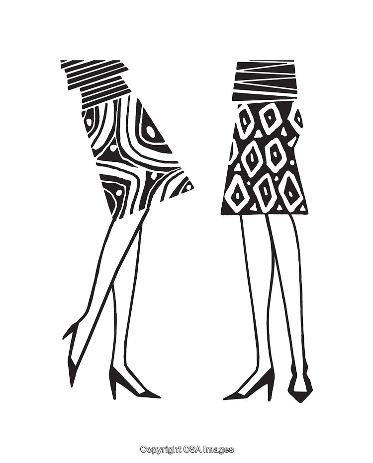 Stylized Fashion Sketch of Women's Legs in Patterned Dresses
