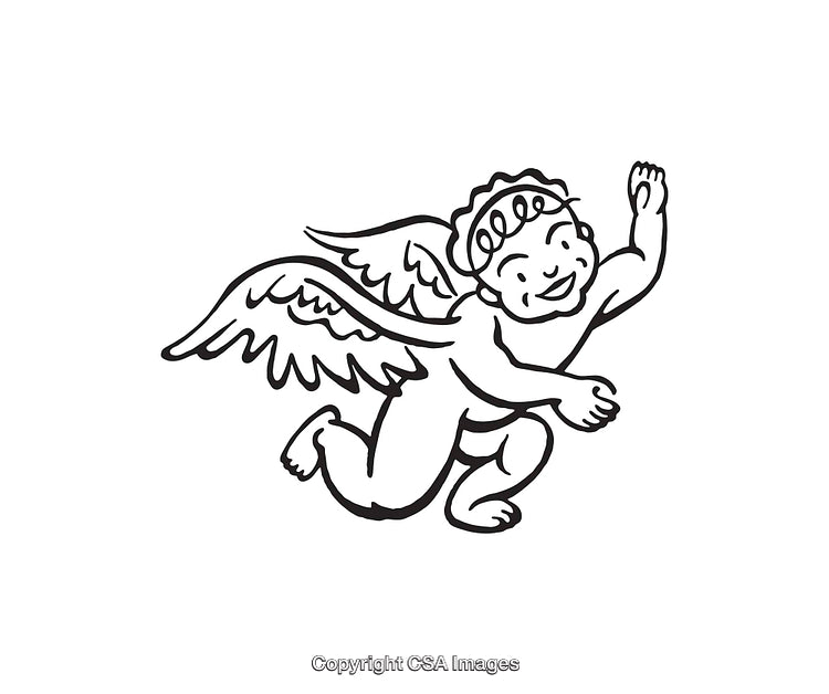 Black and White Line Art Drawing of Flying Cherub with Wings and Smile