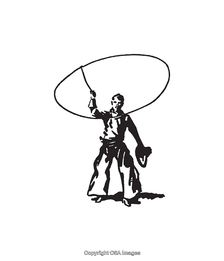 Black and White Illustration of a Cowboy with a Lasso
