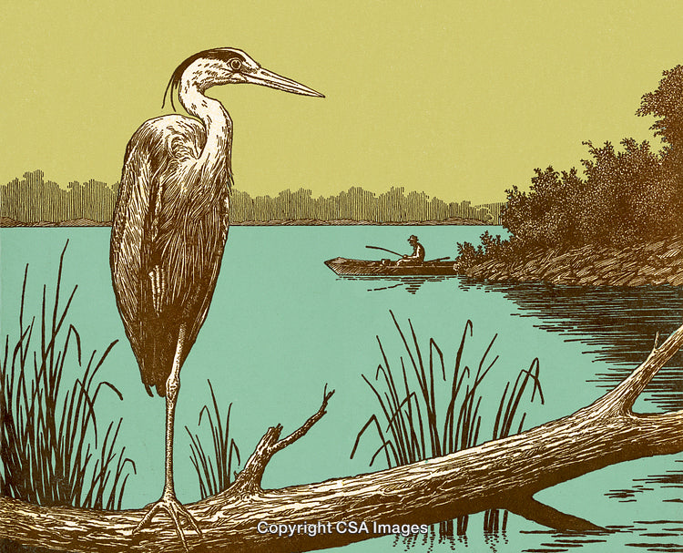 Illustration of a Heron Perched by a Serene Lake with Fisher in Boat