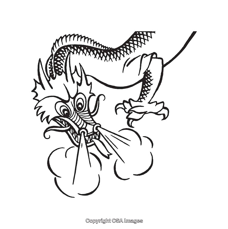 Black and White Line Art Illustration of a Fire-Breathing Dragon