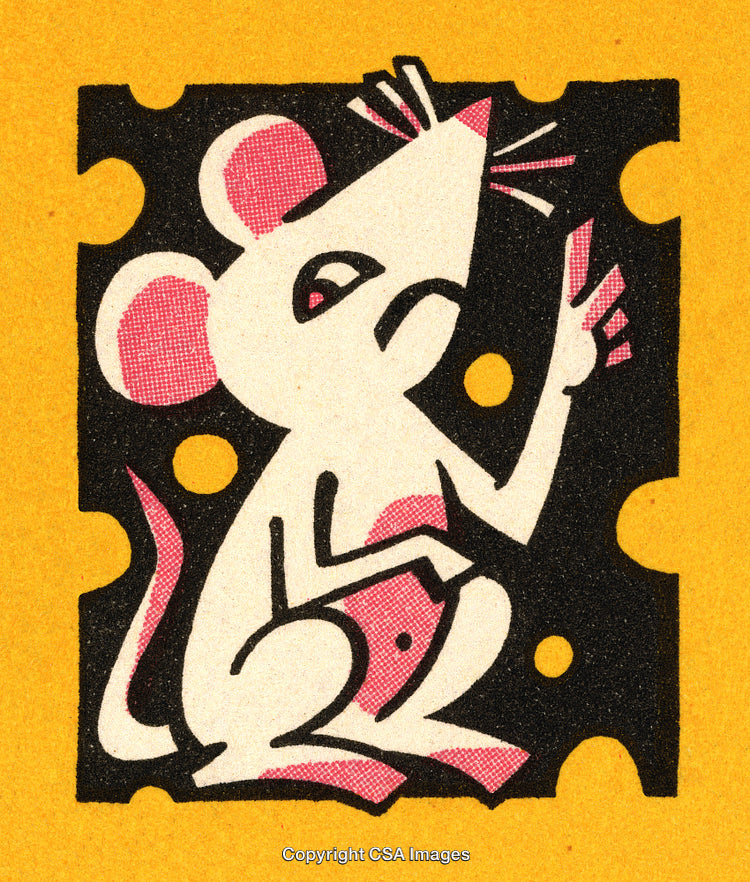 Colorful Graphic Depicting Abstract Mouse with Cheese in Vintage Style