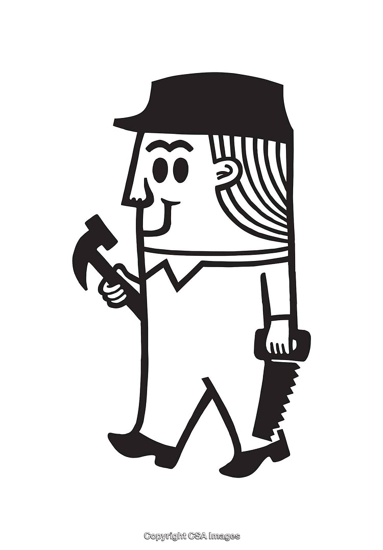 Black and White Illustration of a Character with Tools