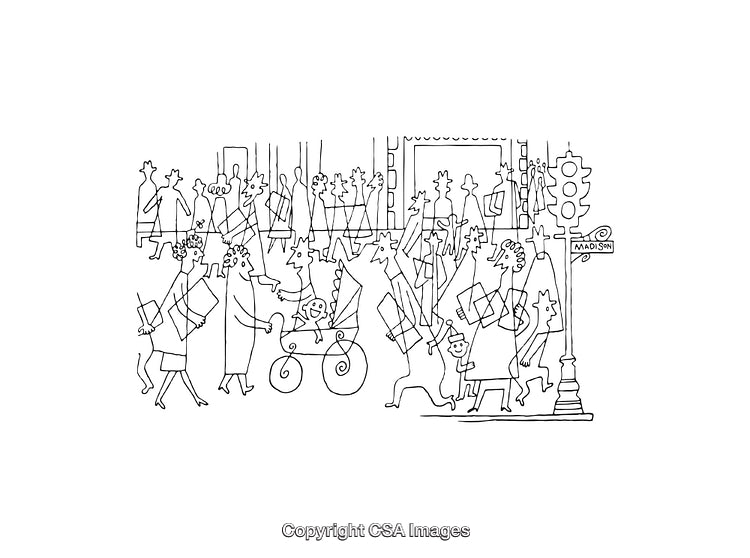 Black and White Line Art of Busy Urban Sidewalk with Pedestrians