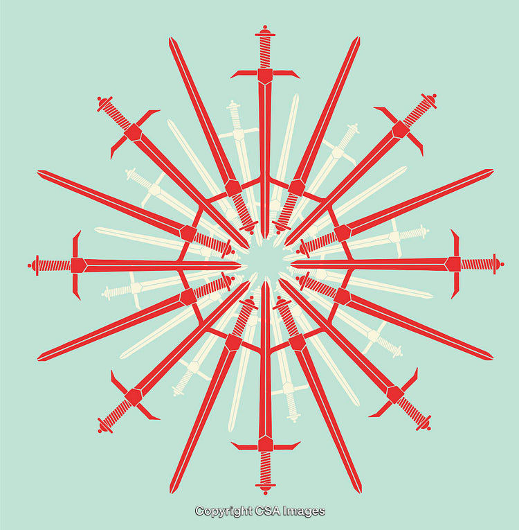 Abstract Symmetrical Pattern of Red Swords on Light Blue Background