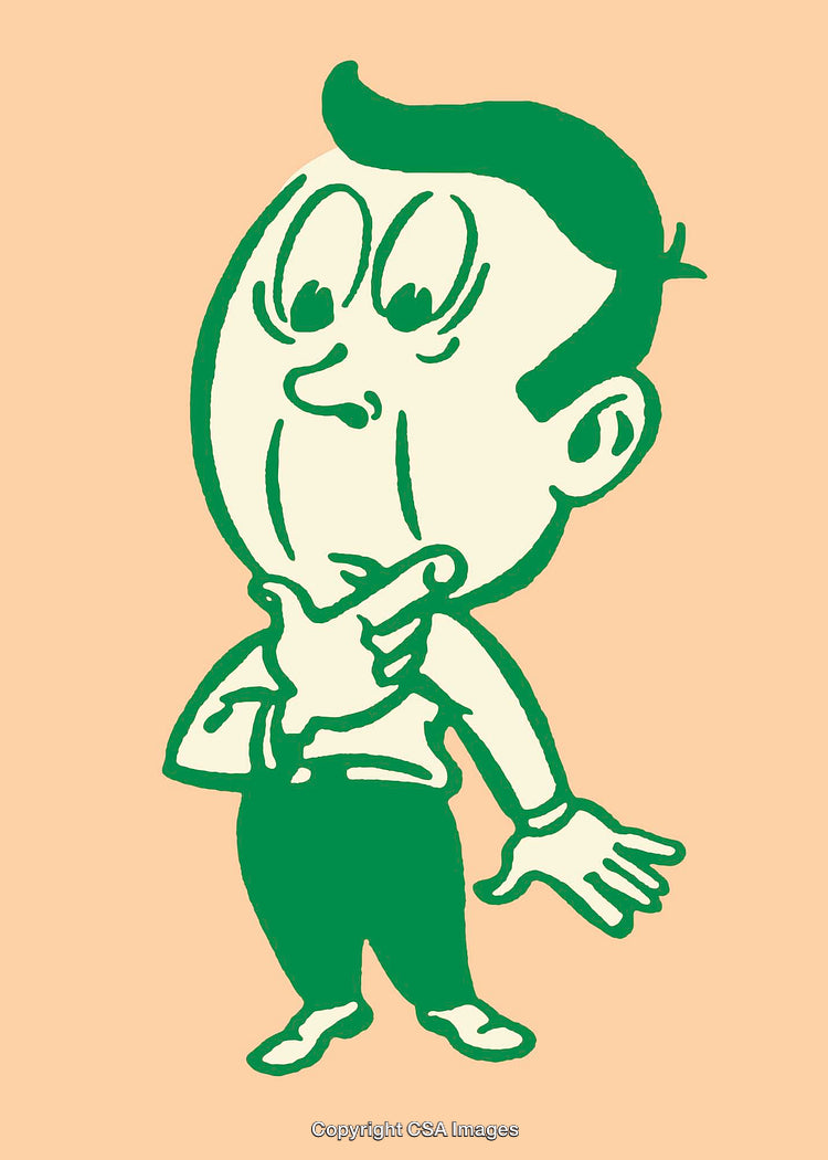 Retro-Styled Cartoon Character in Thinking Pose with Vibrant Colors