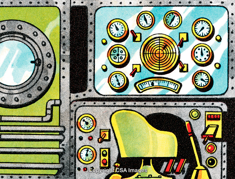 Colorful Retro Comic Illustration of a Control Room Interior