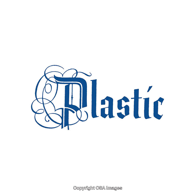 Ornate Blue Typographic Logo Featuring the Word Plastic on White Background
