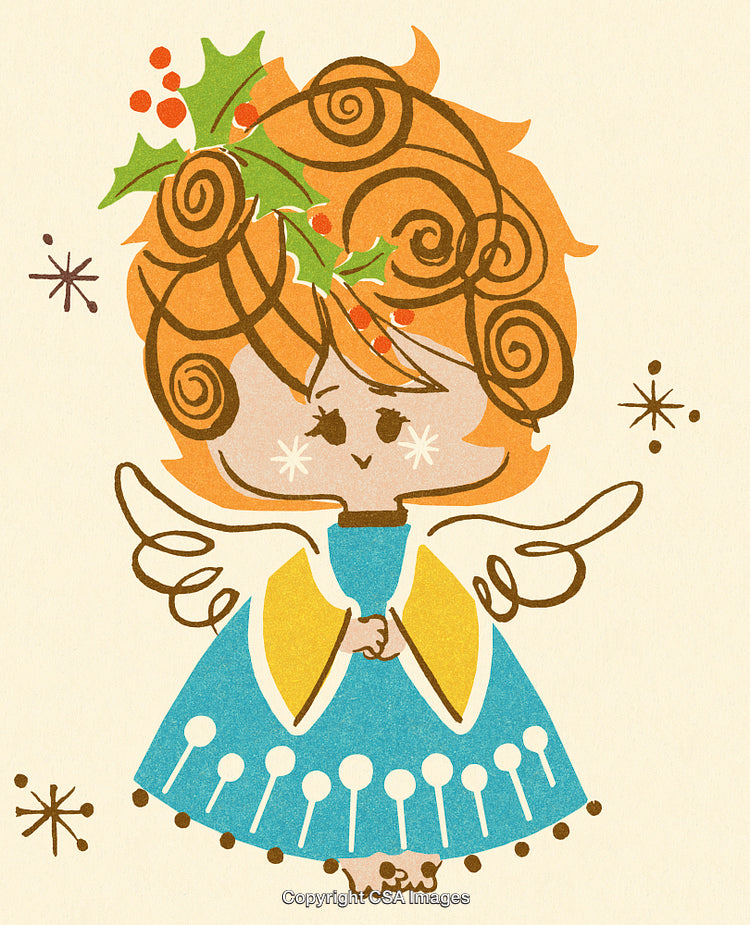 Vintage Christmas Angel Illustration with Holly and Handwritten Coloring