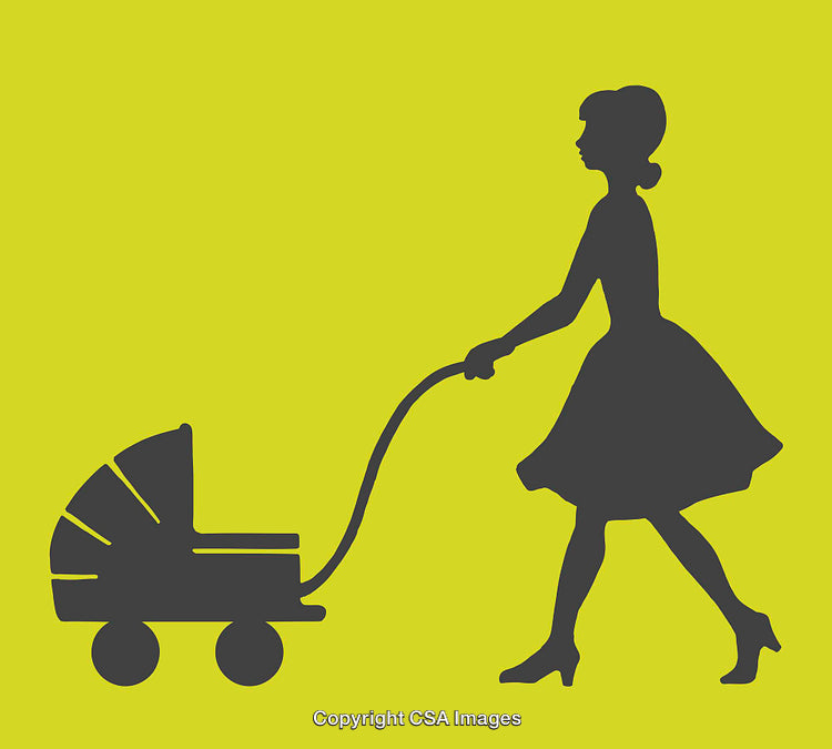 Silhouette of a Woman Pushing a Baby Carriage on Yellow Background