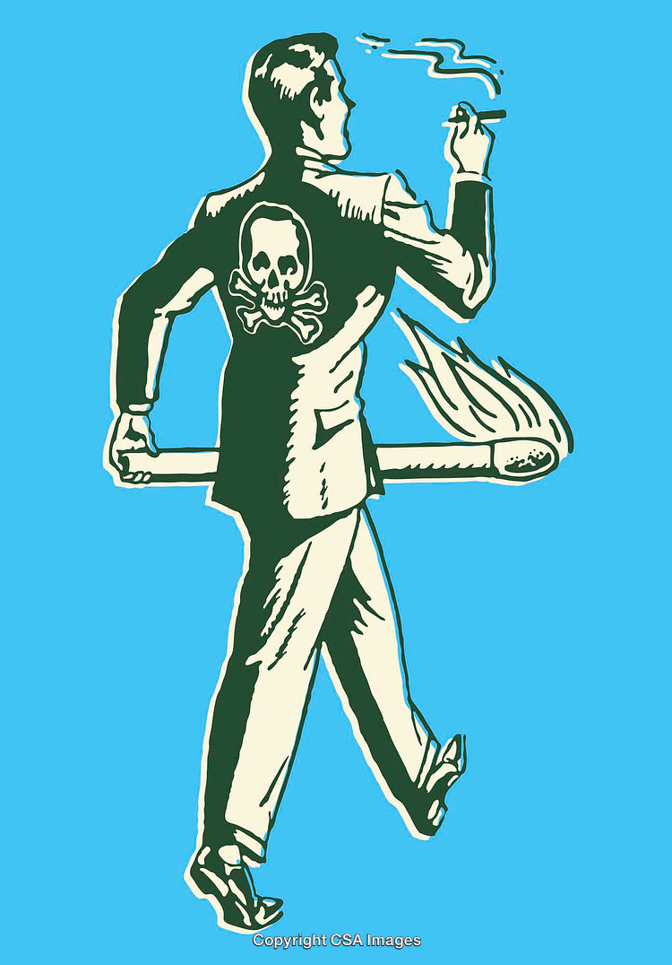 Retro Styled Artwork of Smoking Man with Fire and Skull Illustration