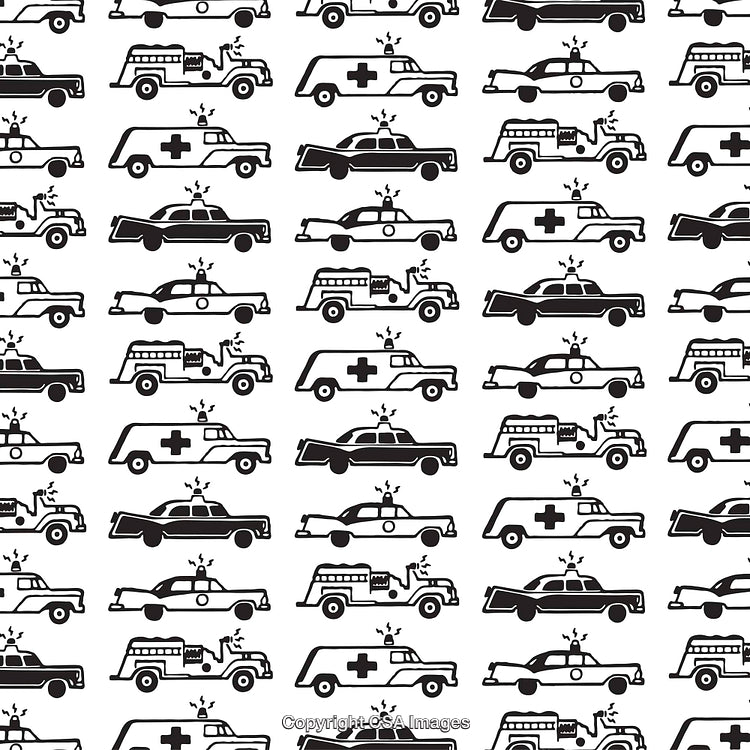 Seamless Black and White Emergency Vehicle Pattern for Background Use