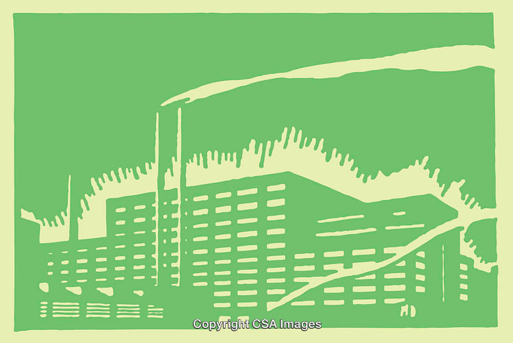 Green Colored Line Art Illustration of an Urban Industrial Building