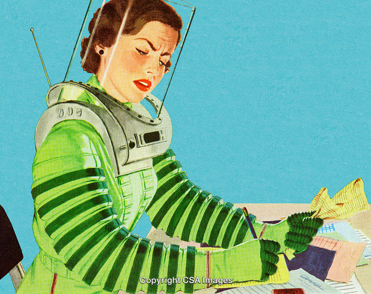 Retro Illustration of a Futuristic Woman in a Space Suit Writing at a Desk