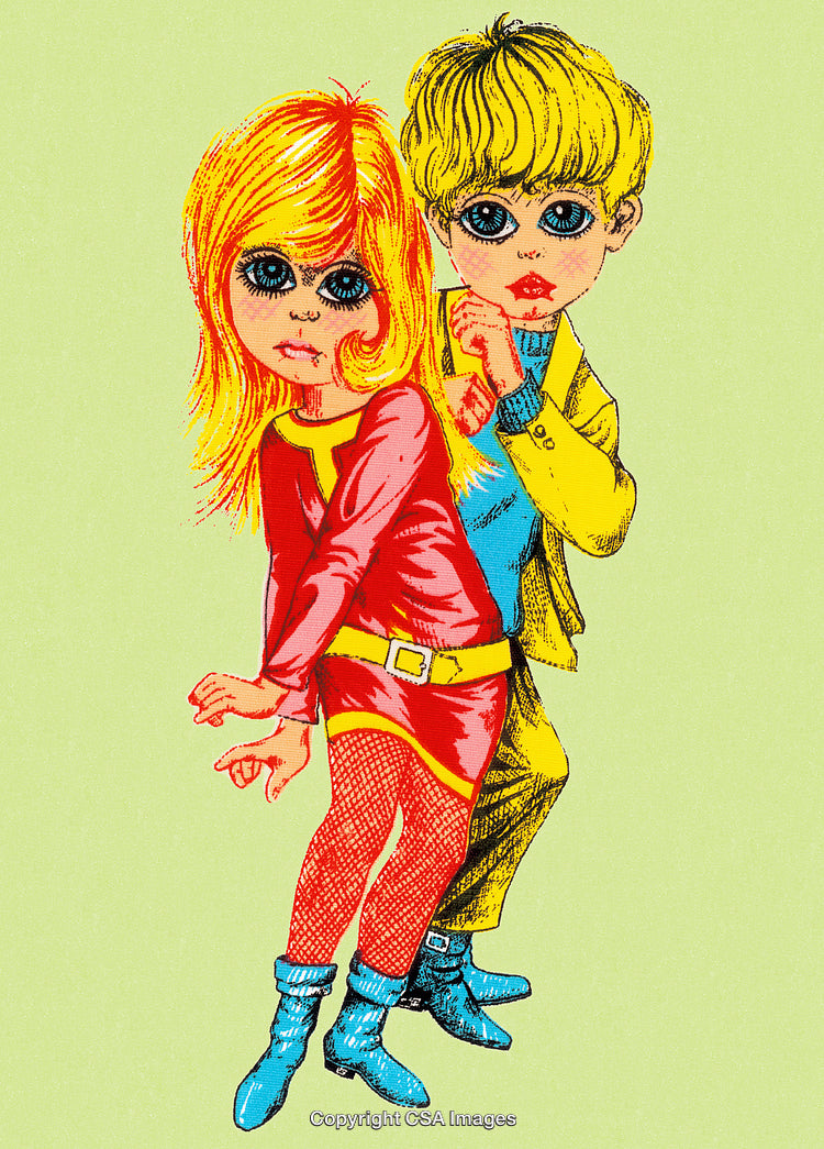 Retro Illustration of Two Young Figures with Large Eyes and Vibrant Outfits