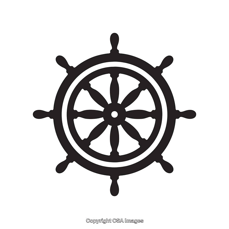 Black and White Nautical Ship Wheel Icon for Thematic Use