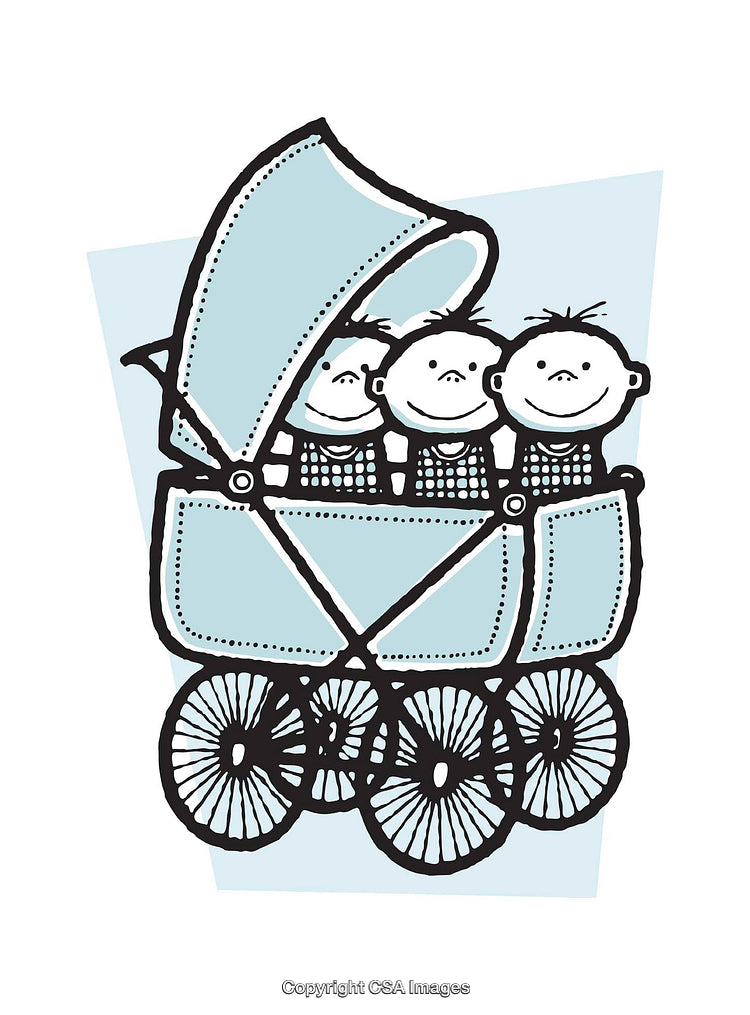 Illustration of Three Babies Sitting in a Retro Baby Stroller