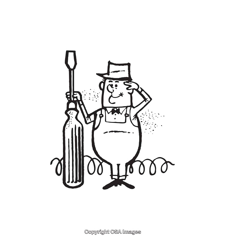 Farmer Holding Large Bottle in Black and White Line Art Illustration