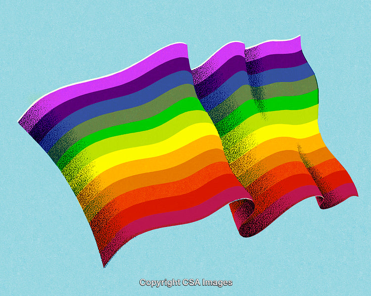 Colorful Digital Illustration of a Pride Flag in Motion Against a Blue Sky