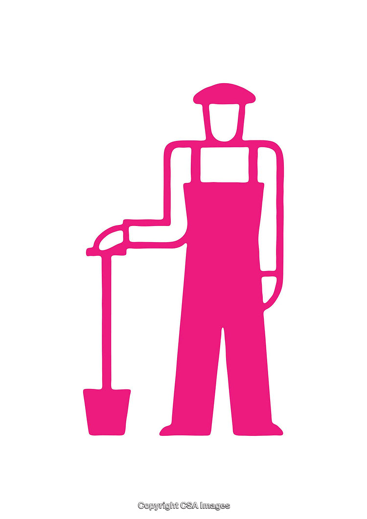 Minimalistic Pink Icon of Worker in Overalls Holding a Shovel