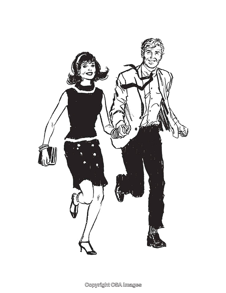 Vintage Style Black and White Illustration of a Happy Couple Holding Hands
