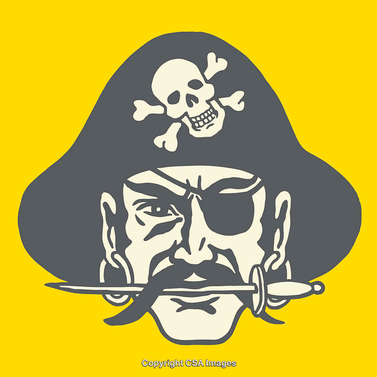 Colorful Illustration of a Pirate with Skull Hat and Eyepatch on Yellow Background