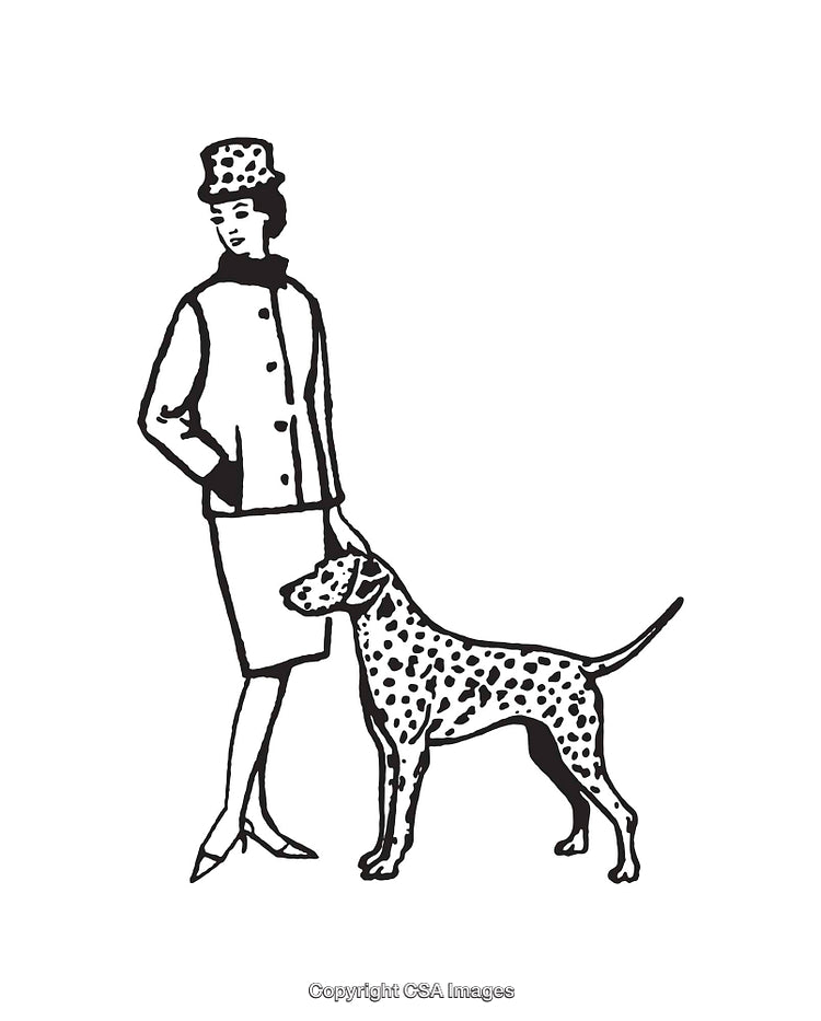 Elegant Woman with Dalmatian in Black and White Line Art