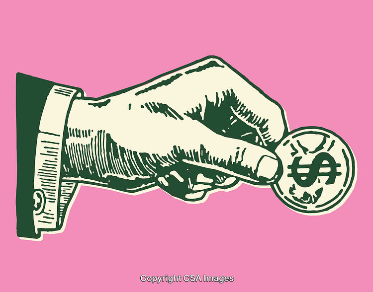 Vintage Line Art of Hand Holding a Coin with Dollar Symbol